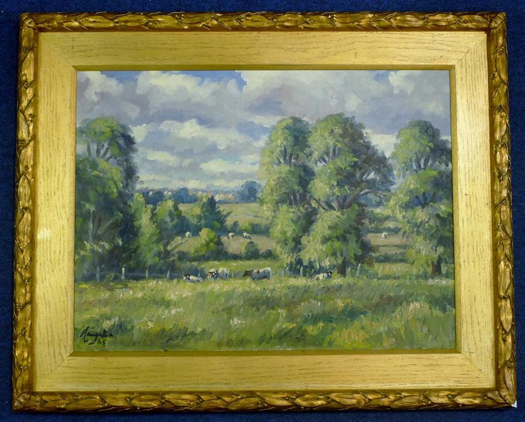Keith Hargaton, oil on canvas, Cattle in a landscape, signed and dated 65, 44 x 59cm